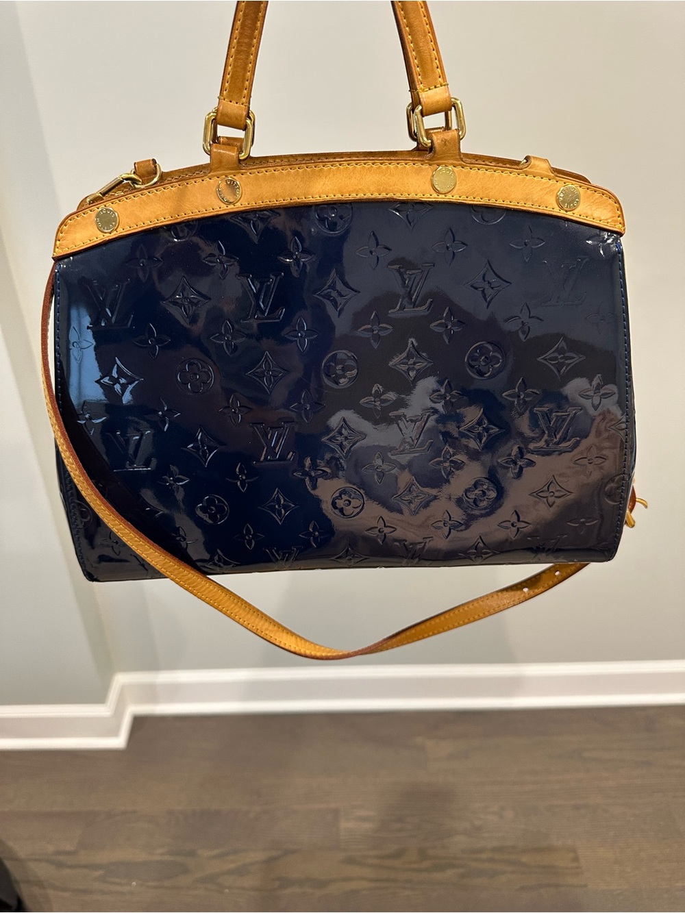 Louis Vuitton Navy Patent Vernis Tote with Natural Vachetta Trim